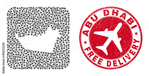 Vector mosaic Abu Dhabi Emirate map of aeroplane items and grunge Free Delivery stamp.