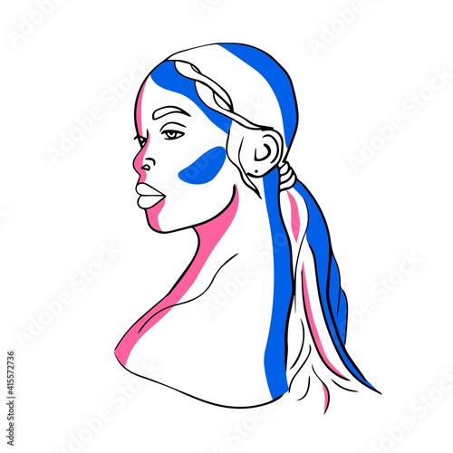 Abstract woman face one line drawing. Portrait minimalistic style. Modern abstract face with abstract blue, pink shapes on white. Minimalism concept of summer. Face line art drawing style