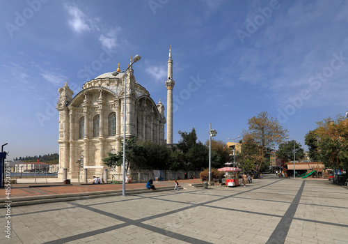 View of Ortakoy Mosque, situated at the waterside of the Ortakoy pier square. Besiktas district, Istanbul, Turkey.
