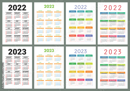 Pocket calendar 2022 and 2023 years. Portrait orientation. English colorful vector set. Vertical template. Design collection. Week starts on Sunday