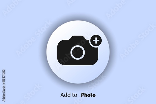 Add photo icon, flat, camera icon with plus, user interface icon, add picture button. Neomorphism. Vector EPS10