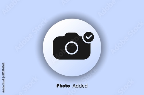 Photo ready upload icon, flat, camera icon with check mark, user interface icon, button for successful picture upload. Neomorphism. Vector EPS10