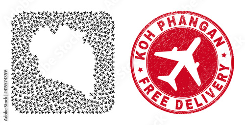 Vector collage Koh Phangan map of jet vehicle items and grunge Free Delivery badge. Mosaic geographic Koh Phangan map designed as carved shape from rounded square using moving out aviation items.
