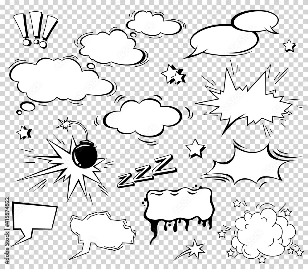 Fototapeta premium Boom effect set design for comic book. Comic Book Bang cloud, pow sound symbol, bomb pow. Comic speech bubbles set