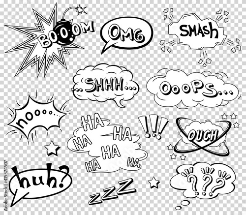 Comic speech bubbles set, wording sound effect design for background, strip. Book Bang cloud, pow and cool exclamation, bomb