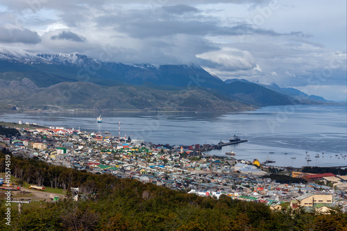Ushuaia and the Beagle Channel in Tierra del Fuego in southern Argentina, South America. Ushuaia claims the title of southernmost city in the world.