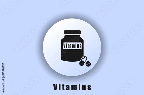 Vitamins icon, vitamin button, medicine jar, pill, health pills. User interface icon. White Neumorphic UI UX web button. Neomorphism. Vector EPS10