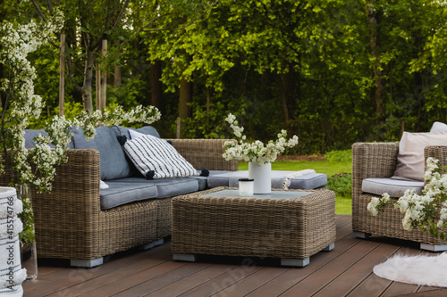 Fotografie Beautiful green garden with wicker terrace furniture and trees