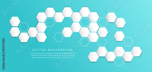 Abstract white hexagon and hexagon lines on blue background with space for text.
