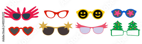 Carnival party masquerade costume glasses. Party colorful sunglasses icon set in flat style isolated on white background. Design templates. Vector illustration