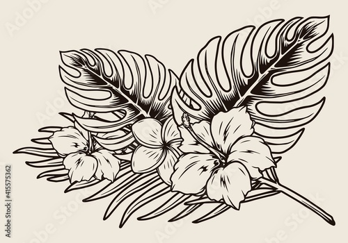 Tropical floral vintage monochrome composition