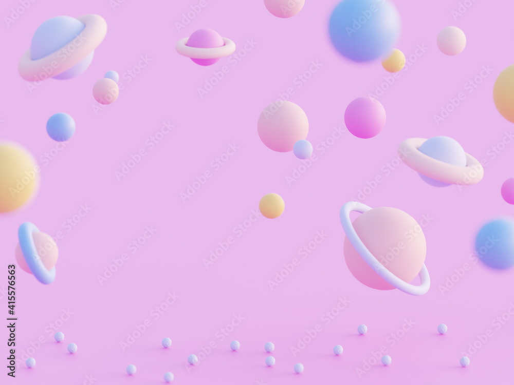 3 d Cosmic galaxy with different planets, futuristic concept on a pink background