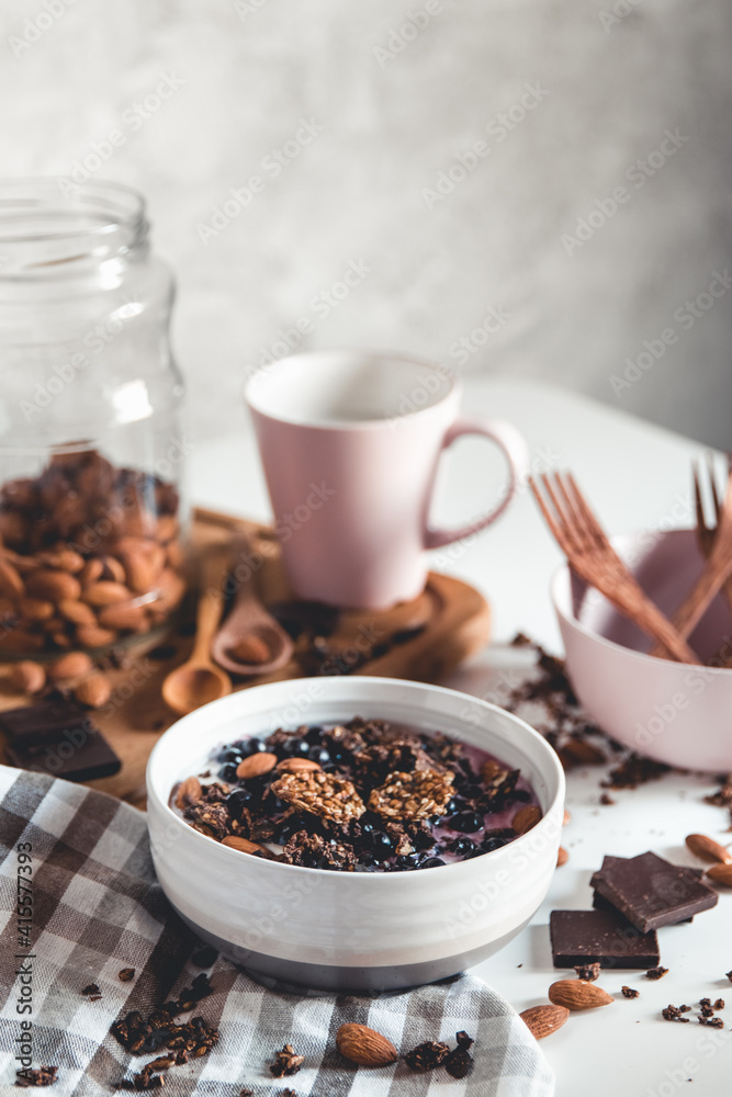 Healthy breakfast. Chocolate granola smoothie and a cup of coffee. Healthy breakfast. Chocolate granola smoothie and a cup of coffee.