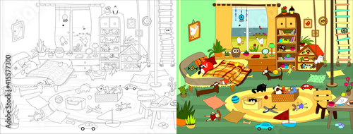 Cozy house series. Vector illustrations for coloring book.