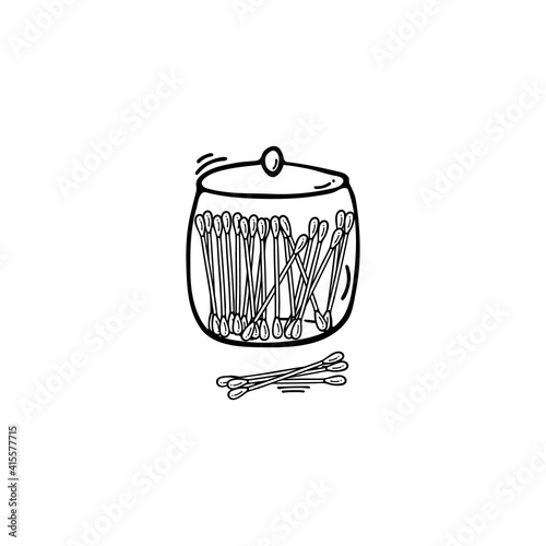 Cotton buds made from natural materials in a glass jar, glass. Eco friendly, recyclable, organic, vegetarian, vegan. Vector illustration in cartoon, doodle style. Monochrome image