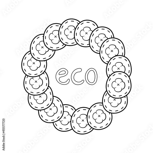 Cotton pads, disk made from natural materials. Eco friendly, recyclable, organic, vegetarian, vegan. Vector illustration in cartoon, doodle style. Monochrome image