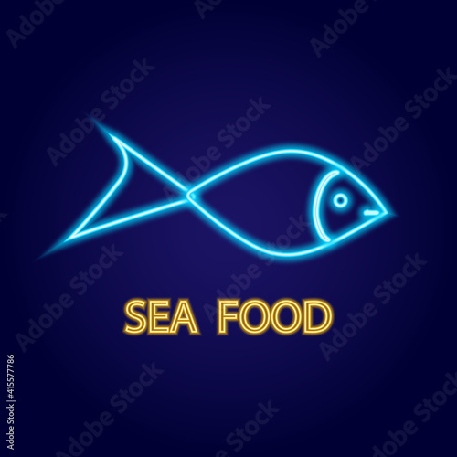 Seafood neon sign. Fish on background. Vector illustration in neon style for fish or seafood restaurant, cafe, store.