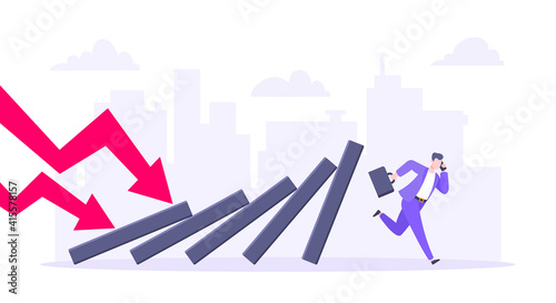 Domino effect or business resilience metaphor vector illustration concept. Adult young businessman run away from falling domino line business concept problem solving and danger domino chain reaction.