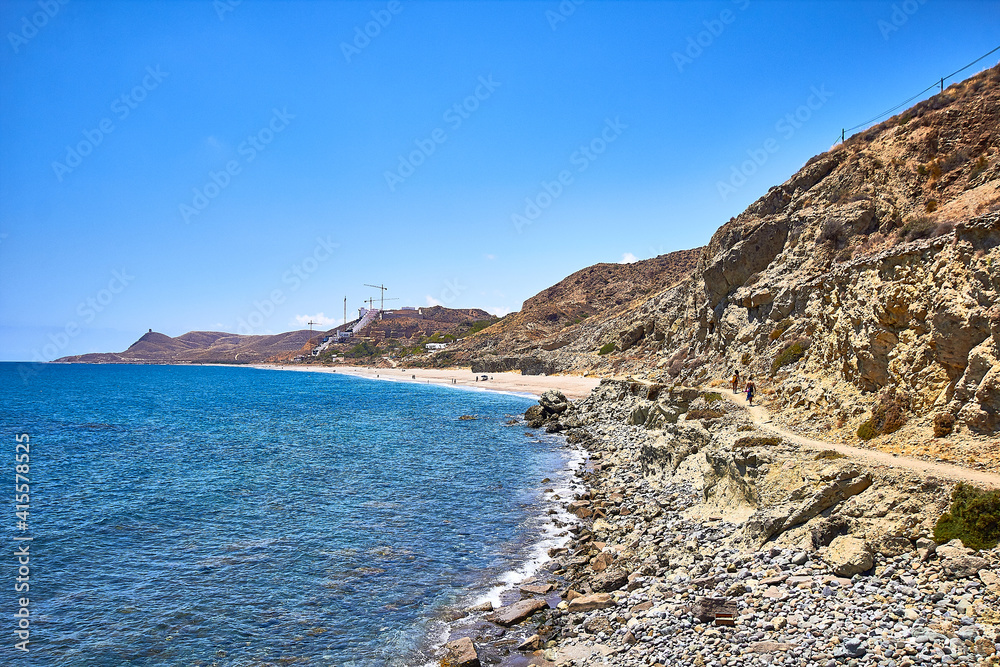 a view of the Algarrobico Beach, in Carboneras, in the Cabo de Gata-Nijar Natural Park, in the Province of Almeria, in Spain