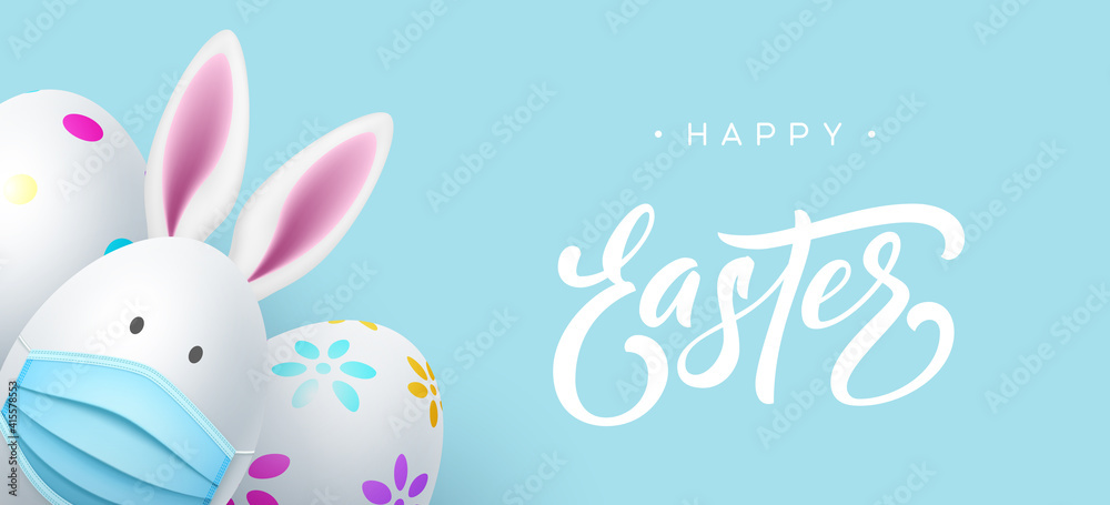 Painted Easter eggs with rabbit ears and mask. Coronavirus, Covid-19 protection holiday concept. Handwritten lettering on blue background. Vector. Painted Easter eggs with rabbit ears and mask. Coronavirus, Covid-19 protection holiday concept. Handwritten lettering on blue background. Vector.