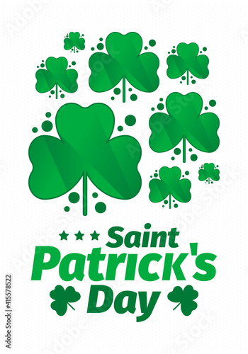 Happy Saint Patricks Day. Traditional irish holiday. Celebrate annual in March 17. Clover and shamrock leaves. Green and orange party design. Ireland color. Poster, card, banner and background. Vector
