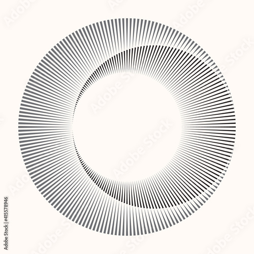 Circle from radial lines as icon or logo. Halftone black design element on white background.
