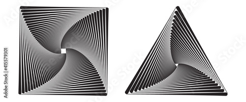 Black square and triangle with halftone dots. Spiral in geometrical form.