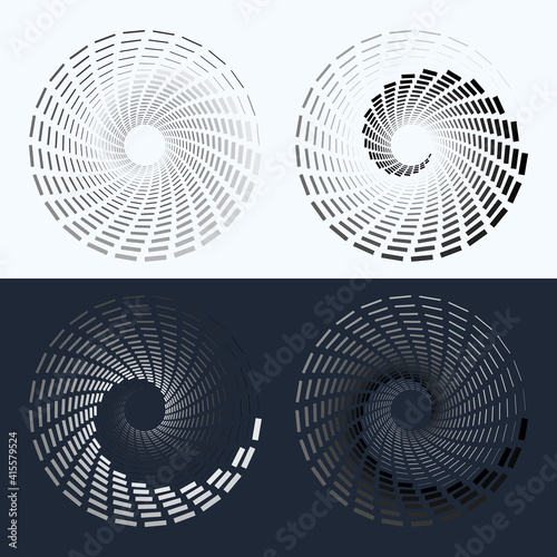 Abstract dotted vector background. Halftone effect. Spiral with rectangles as background or icon. Different color and sizes.