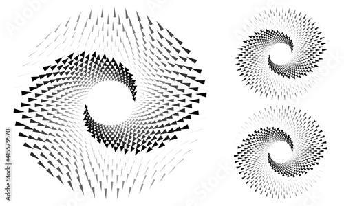 Grey spiral with triangles over white backdrop. Abstract gray background for any projects. Yin and yang symbol.