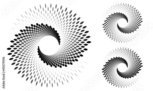 Set of gray spirals with elements over white backdrop. Abstract background for any projects. Yin and yang symbol.