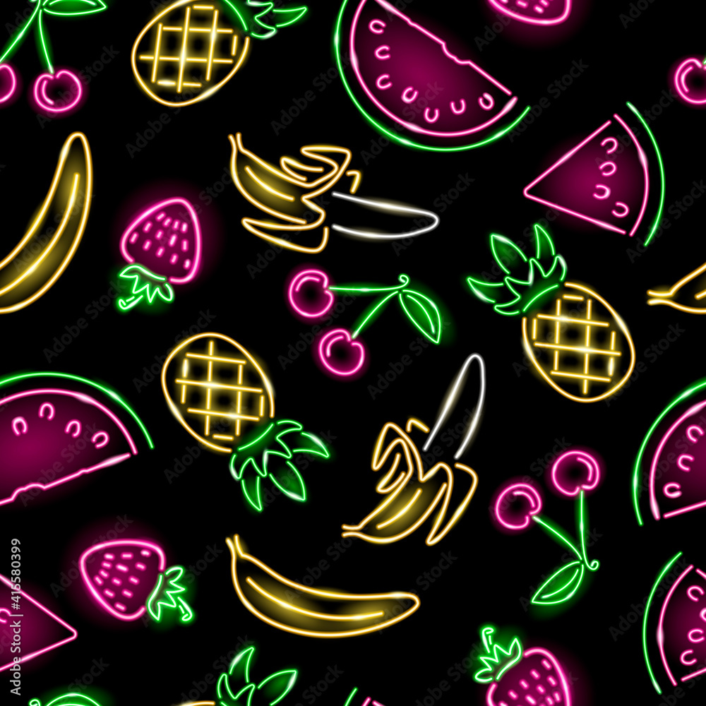 Neon summer fruits seamless pattern. Watermelon, banana, pineapple, cherry, strawberry of  on black background. Exotic, vitamin, vegetarian, food concept. Vector 10 EPS illustration.