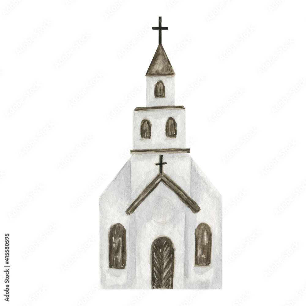 Watercolor old Catholic Church isolated on a white background. Christian Religious building close-up illustration.