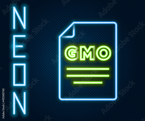 Glowing neon line GMO icon isolated on black background. Genetically modified organism acronym. Dna food modification. Colorful outline concept. Vector.