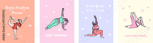 Feminism body positive vertical cards with love to own figure, female freedom, girl power. Happy plus size girls and active healthy lifestyle.  Abstract trendy one line vector illustration