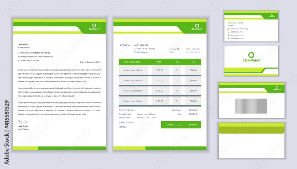Corporate identity. Stationery template design with letterhead, Invoice and business card.