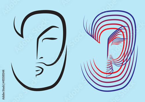 Set of stylized linear male faces with a beard on a blue background
