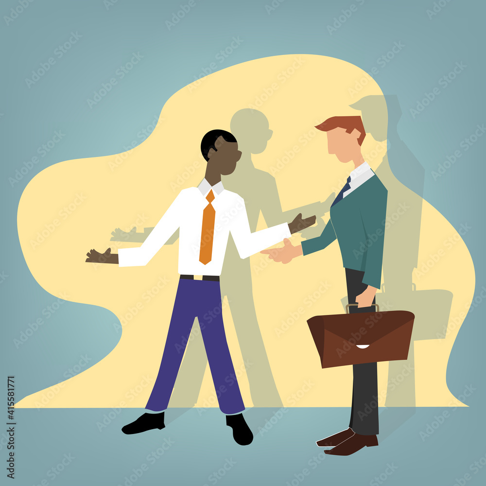 African Businessman and European businessman negotiate and work concept with cartoon vector flat design African Businessman and European businessman negotiate and work concept with cartoon vector flat design