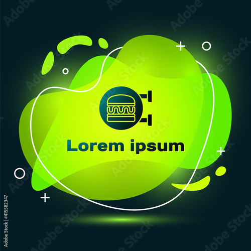 Black Online ordering and burger delivery icon isolated on black background. Abstract banner with liquid shapes. Vector.
