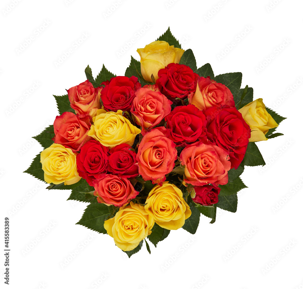 Naklejka premium bunch of roses red yellow pink green orange isolated on white background with clipping path