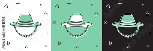 Set Camping hat icon isolated on white and green, black background. Beach hat panama. Explorer travelers hat for hunting, hiking, tourism. Vector.
