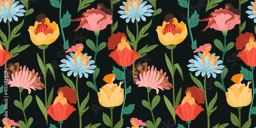 Seamless pattern with women sitting in flowers. Concept for International Women s Day and other. Vector template