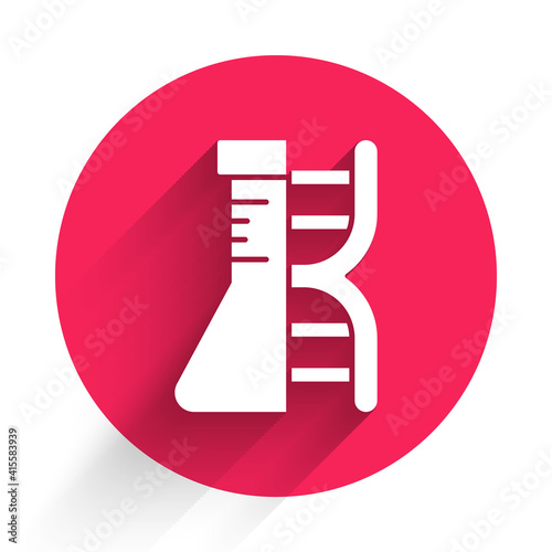 White DNA research, search icon isolated with long shadow. Genetic engineering, genetics testing, cloning, paternity testing. Red circle button. Vector.