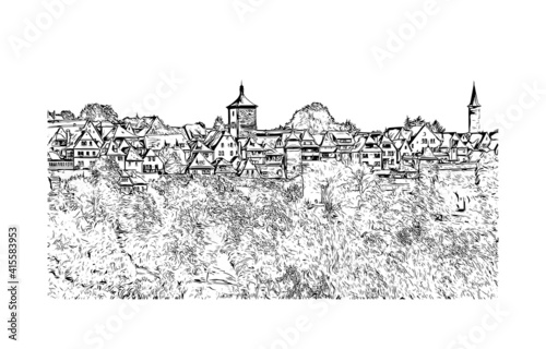 Building view with landmark of Rothenburg ob der Tauber is a German town in northern Bavaria . Hand drawn sketch illustration in vector.