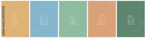 Collection of different houses in linear minimal style with botanic decorations. Green or eco bohemian home. Logo emblem design. Vector outline illustration. 