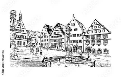 Obraz na płótnie Building view with landmark of Rothenburg ob der Tauber is a German town in northern Bavaria . Hand drawn sketch illustration in vector. w salonie