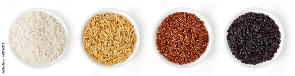 Set of various rice isolated on white, from above Set of various rice isolated on white, from above