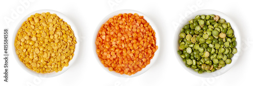 Set of lentils isolated on white, from above photo