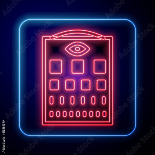 Glowing neon Eye test chart icon isolated on blue background. Poster for vision testing in ophthalmic study. Snellen chart. Vector.