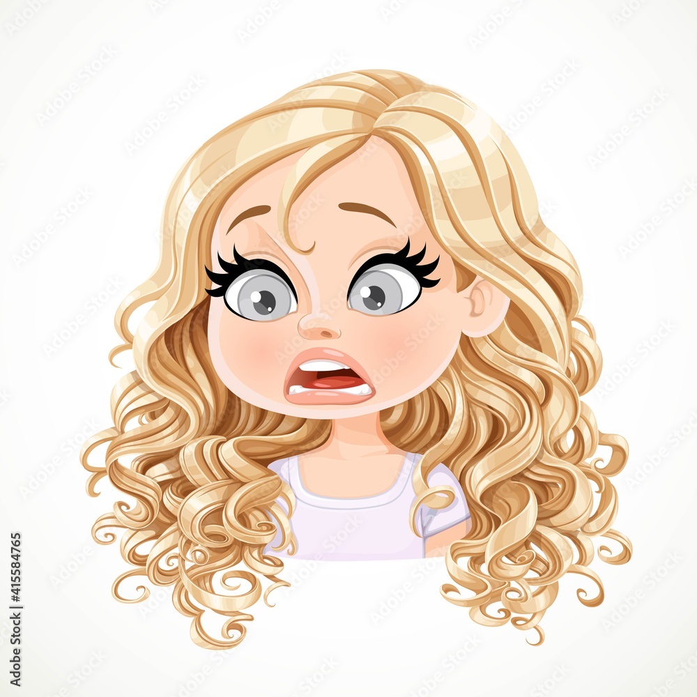 Beautiful cartoon blond girl with magnificent curly hair fear emotion portrait isolated on white background Beautiful cartoon blond girl with magnificent curly hair fear emotion portrait isolated on white background