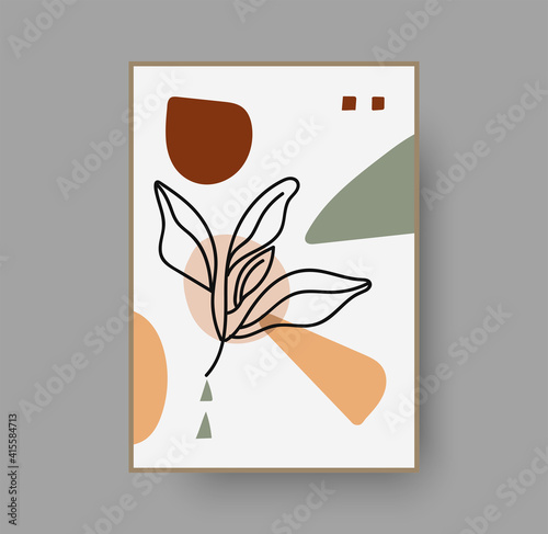 Botanical wall art abstract vector. Foliage line drawing. Neutral boho art print. Minimal mid century wall art print for bedroom decor. Gallery decor poster, terracota watercolor for bohemian interior